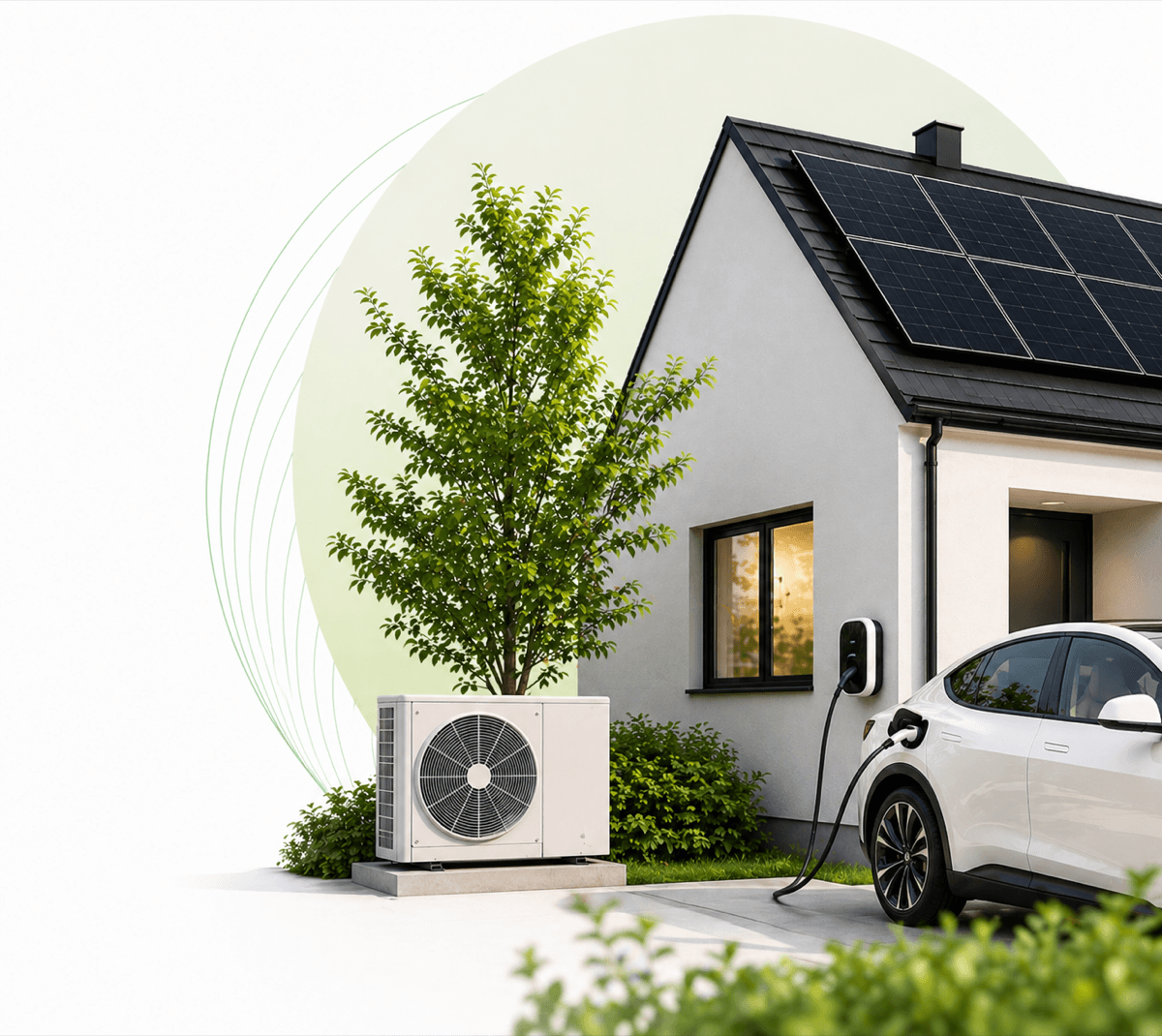 Heat pump and solar panels on a modern home